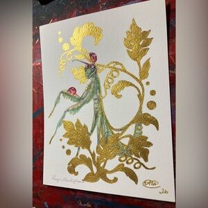 Original painting Praying Mantis Art Gold accents Embellishment Unique Insect 🇺🇸